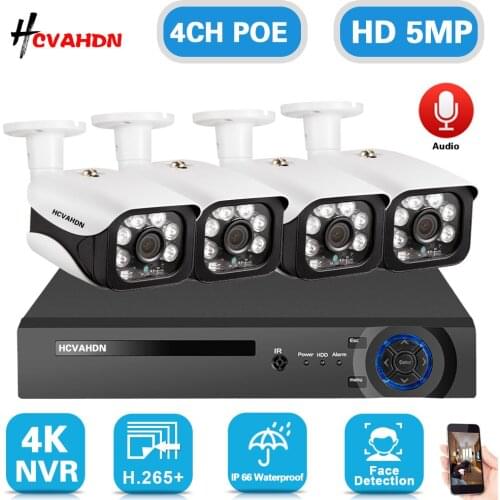 POE IP Monitoring Camera Security System 5MP 4CH NVR Set 4K H.265 Outdoor Weatherproof Audio CCTV Video Surveillance System Kit