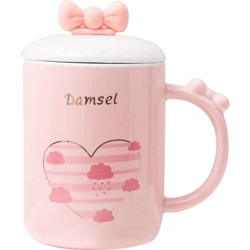 Cute bow ceramic mug with spoon lid 400ml pink Breakfast cup Capacity Mugs Drinkware Coffee Tea mugs Novelty Gifts milk cup
