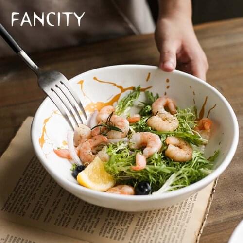FANCITY Nordic golden border marble ceramic bowl household soup bowl creative salad bowl soup noodle bowl plate bowl special sh