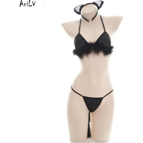 AniLV Summer Girl Black Kitten Furry Bikini Swimsuit Uniform Costume Cute Cat Tail Ear Beach Swimwear Pool Party Cosplay