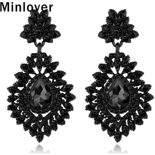 Minlover Black Crystal Vintage Bridal Drop Earrings for Women Statement Big Teardrop Bride Dangle Earring Wedding Jewelry MEH916