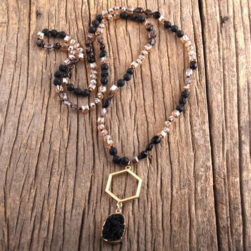 RH Fashion Boho Jewelry Accessory 6mm Natural Stones Glass With Metal Mattgold Links Druzy Drop Pendant Necklaces For Women Gift