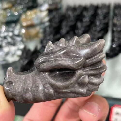 Natural silver obsidian crystal carved dragon head bone, exquisite craftsmanship home decoration