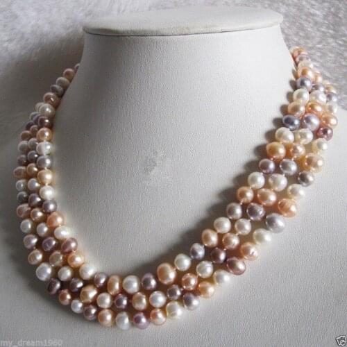 NEW Genuine 3 Rows Natural White Pink Purple Freshwater Pearl Necklace 18