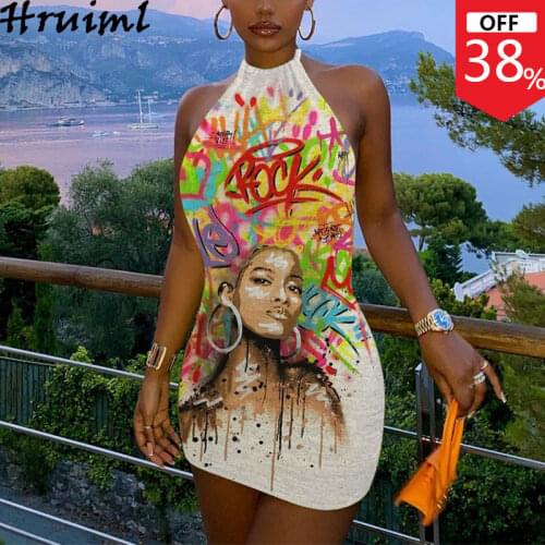 New Dresses Halter Print Sleeveless Summer Fashion Backless Dress Women Streetwear Ladies Sexy Party Club Bodycon Dress 2021