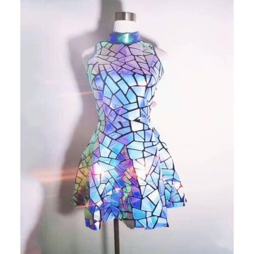 Female Singer Stage Performance Mirror Dress Nightclub Gogo Girl Group Puffy Dress Festival Rave Outfits Pole Dancewear DWY5818
