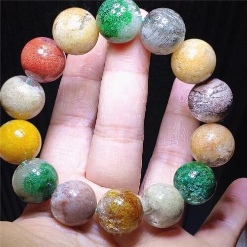 Natural Colorful Phantom Crystal Big Clear Round Beads Bracelet 15.5mm Crystal Garden Snow Phantom Women Men AAAAA