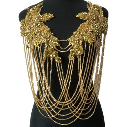 Gold red silver royal blue front crystal Tassels wedding collar with rhinestone beaded tassels appliques neckline with fringe