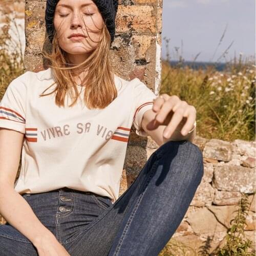 Cotton Print Striped T shirt Women Letter Short Sleeve Loose Round Collar Tops Elegant 2021 Chic Boyfriend Casual Tee Retro