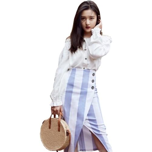 2021 Summer New Womens Bottoms Striped Printed Slit Skirt Cotton High Waist Button Mid-Length Elegant Bodycon Skirt Y1487