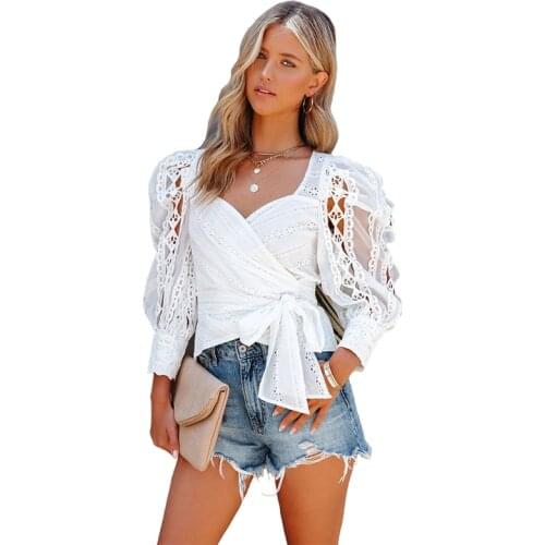 Autumn Women White Hollow Out Lace Puff Sleeve Blouse Fashion V-Neck Bandage Bow Cross Tops Elegant Casual Office Clothes