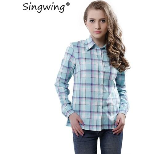 Singwing 100% Cotton plaid Autumn Women Blouses Long Sleeve Casual Blouses Shirts Turn Down Collar Tops Shirts Fashionable