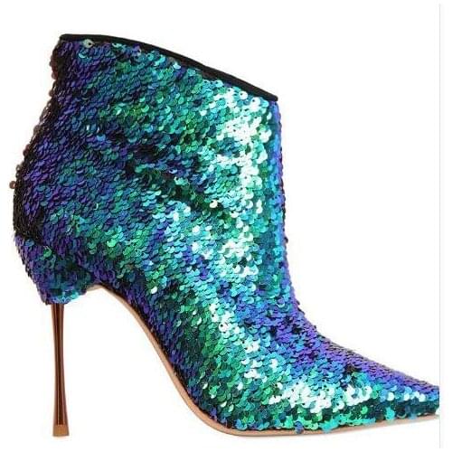 Fall winter blue bling sexy boots for women high heels pointed toe side zipper ankle boots fashion booties size 35-42