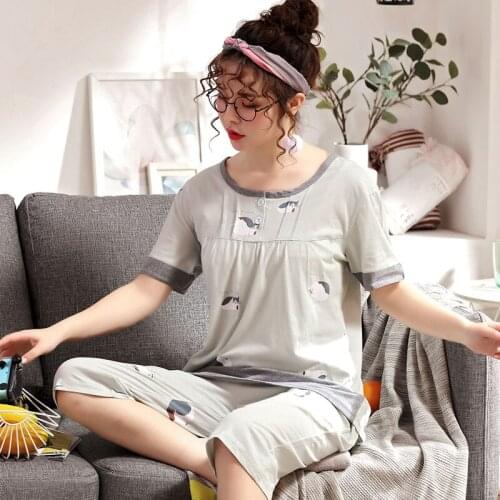 Women Pajama Sets Pea Green Color Summer Full Cotton Pyjamas Animal Cat Homewear Sleepwear Short Sleeve Home Clothes For Female