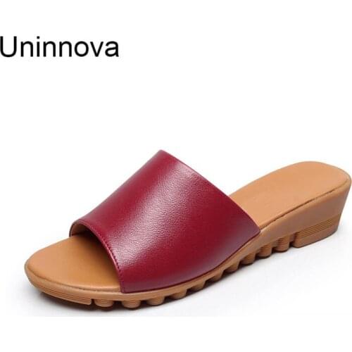 Women Wedge Flats Med High Heel Slippers Black White Solid Color Outdoor Casual Footwear Rubber Outsole Antislip Uninnova WSL031