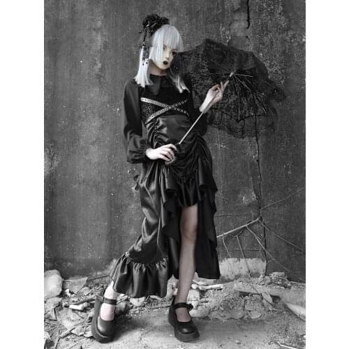 Original Design Halloween Costume Gothic dark black PU leather belt Satin drawstring two pieces asymmetric dress for women