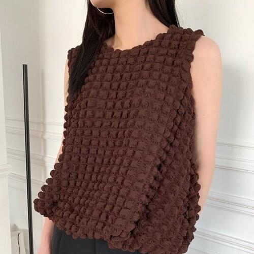 Womens Three-Dimensional Check Vest T-Shirt Loose O-Neck Sleeveless Street Fashion Casual Short-Sleeved T-Shirt Vest 2021 New