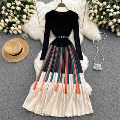 2021 Fashion Knitted Striped Printed Pleated Dress 2021 Runway Design Office Lady O Neck Long Sleeve A Line Evening Dress S77060