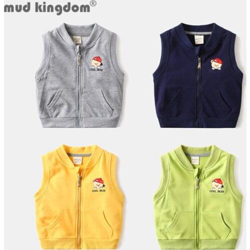 Mudkingdom Fashion Boy Vest V-neck Cartoon Embroidery Sleeveless Outerwear Zipper Slant Pocket Tops Kids Clothes Spring Autumn