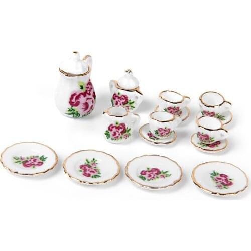 15 pieces Porcelain tea set Dollhouse miniature foods Chinese rose dishes cup