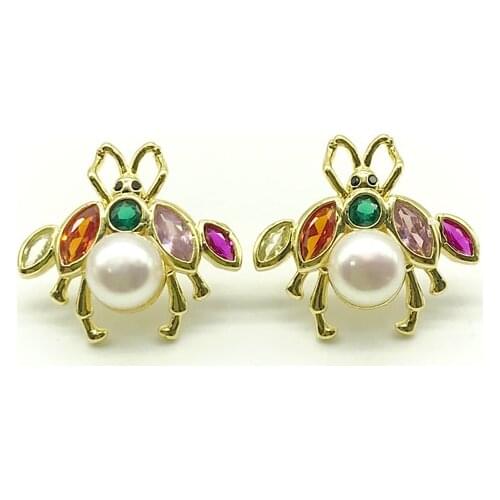 5pairs/lot Newest Arrival Rainbow CZ Bee Stud Earrings Pearl Earrings Jewelry For Girl Gift