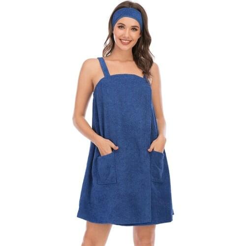 Women Bath Wrap Towel for Shower with Pocket Adjustable Robe & Facial Headband S-XL