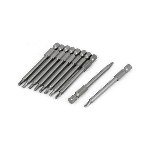 1/4" Hex Shank T10 Magnetic S2 Torx Screwdriver Bits 75mm Long Gray 10pcs