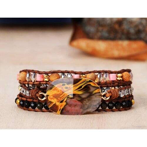 Volcano Cherry Quartz Leather Wrap Bracelets Handmade 3 Strands Women Bracelets Mixed Stones Beaded Genuine Leather Bracelet