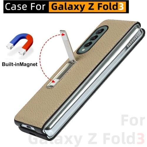 For Samsung Galaxy Z Fold3 Case, Leather Material, Galaxy Z Fold 3 Case Drop-Resistant Leather Bracket Protective Shell