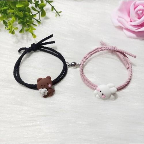 EBEN-EZER 2pcs Per Set Magnet Bracelet For Best Friend&Couples Cute Bear Pendant Bracelet Elastic Rope Paired Bracelet Gift