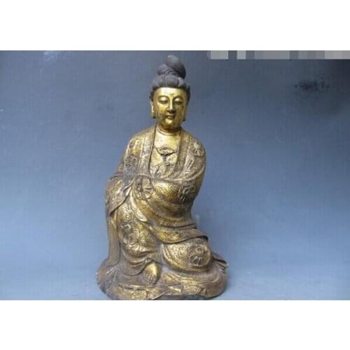 Fast shipping USPS to USA S3454 14" Tibet Fane classical Old Bronze Gild Sit fastdom Bodhisattva Guan Yin Statue