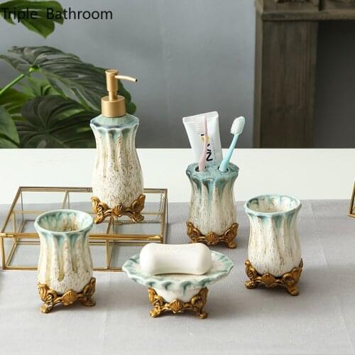 European Ceramics Five Piece Set Washing Tools Home Soap Dispenser Toothbrush Holder Tooth Mug Soap Dish Bathroom Toiletry Set