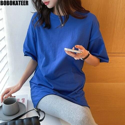 Harajuku Oversize T-Shirt Women Clothes Blue Summer Cotton Short Sleeve T shirt Woman Tops Pink Loose Long Tee Shirt Basic 2021