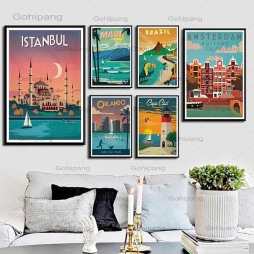 Canvas Art Painting Wall Home Decor New York Netherlands Amsterdam London Vintage Travel Cities Landscape Poster for Living Room