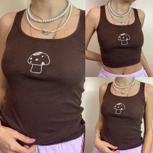 Indie Aesthetics Mushroom Diamond Strappy Brown Tops Vintage U-Neck Sleeveless Tank Top Streetwear Outfits