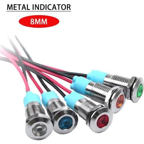 Metal indicator 8mmLED highlight power signal light with wire 15cm equipment power light 3-6V 12-24V 110-220V red and blue
