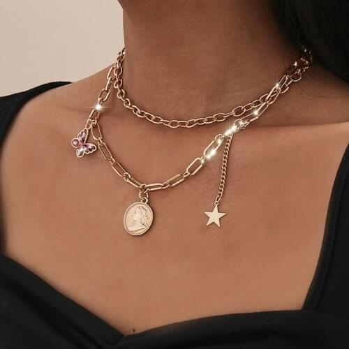 2 Pcs/Set Gold Portrait Star Crystal Butterfly Multilayer Necklace for Women Fashion Clavicle Chain Necklace Party Jewelry Gifts
