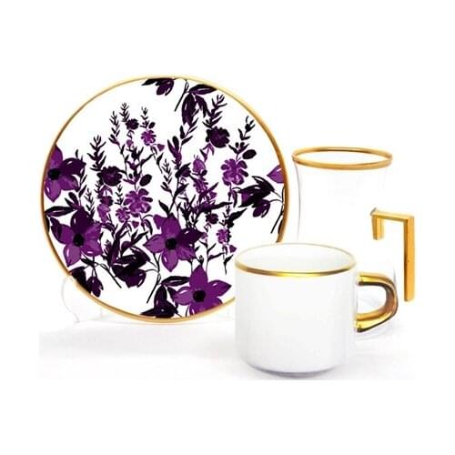 Drop Focus Handled Tea & Coffee Set 18 pieces Purple Flowers