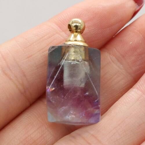 Natural Fluorite Quartzs Perfume Bottle Pendants Essential Oil Diffuser Pendants Polygon Shape for Making Necklace 15x30mm