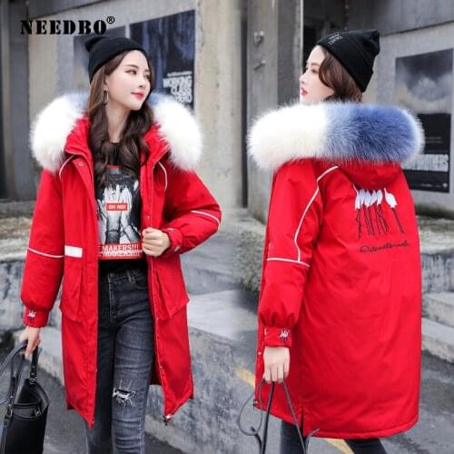 NEEDBO Winter Jacket Women Long Parka Fur Collar Casual Warm Woman Winter Coats Puffer Jacket Padded Outwear Long Coat Women