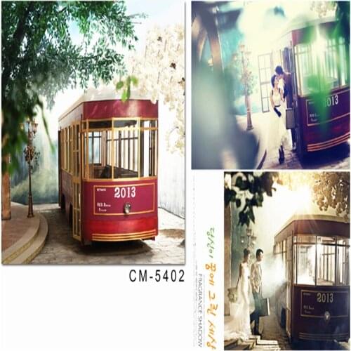 Newest Photography Background Cloth Red Bus Green Tree Wedding Vinyl Backdrops for Photography Vintage Wedding Photo Props