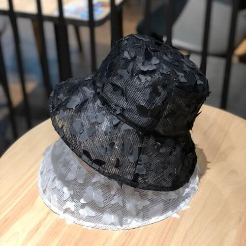 Korea Ins Lace Butterfly Bucket Hat Women Black White Sweet Fashion Casual Fishing Caps Outdoors Summer Thin Sun Hat 56-58cm