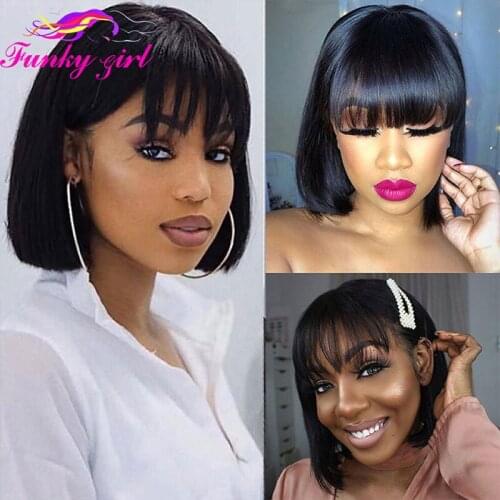 Straight Short Bob Wig With Bangs Brazilian Remy Hair None Lace Front Wig 100% Human Hair For Women Full Machine Made Cheap Wigs