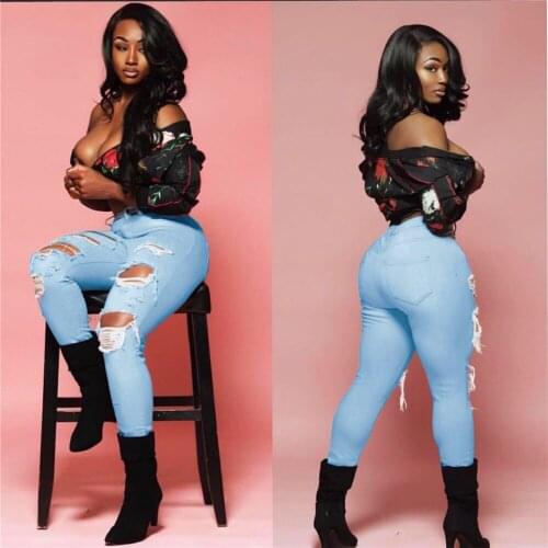 Richkeda Store New 2021 Women High Waist Casual Jeans Washed Distressed Hole Jeans Stretch Skinny Denim Pants Street Ripped