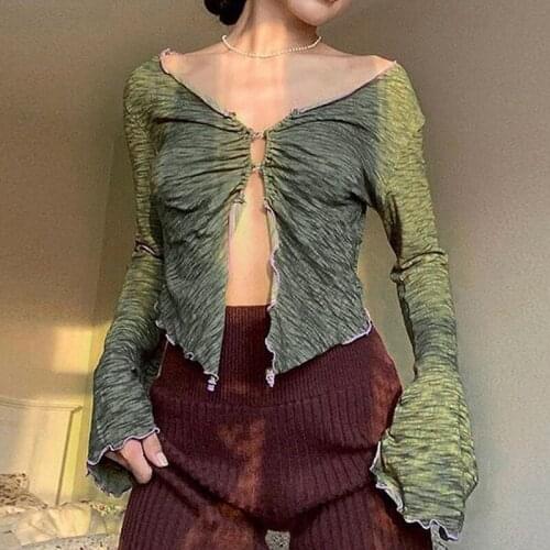 Women Open Front Crop Tops Spring Autumn Ladies Sexy V-Neck Long Sleeve Central Clasp Lettuce Trim Shirts Green Blue
