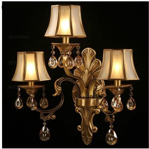 Modern European 3L W45cm H59cm Brass American Classical Copper Art Bronze Wall Lamp Brass Glass Wall Sconce AC 100% Guaranteed