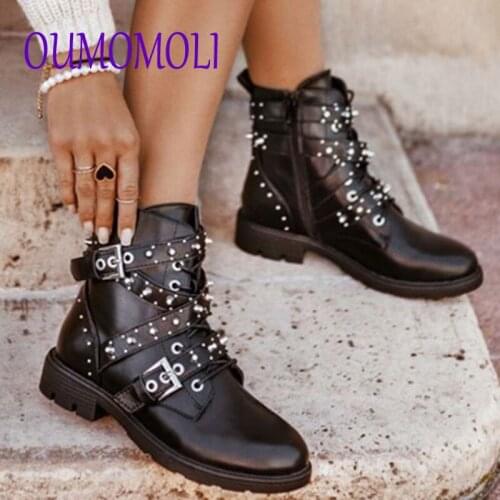 2020 fashion new Women Black Ankle Boots Buckle Strap Rivet Shoes Female Pu Motorcycle Punk women boots V273