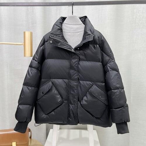 Trendy Autumn Winter Women 90% White Duck Down Short Jacket Casual Female Stand Collar Pocket Down Coat Warm Snow Outwear