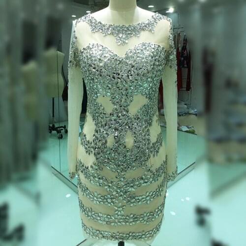 Backless Short Prom Dresses 2018 Crystals Beaded with Long Sleeves Knee Length Women Formal Evening Party Gowns Vestido De Festa