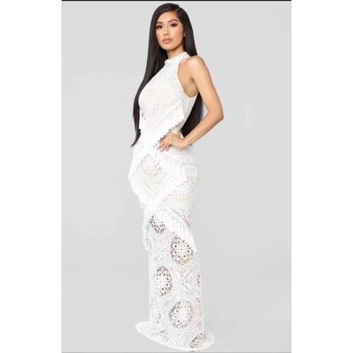 Newest Sleeveless Lace Sexy Chic Summer White Dress 2019 Elegant Celebrity Evening Long Maxi Bandage Dress Split Vestidos Festa
